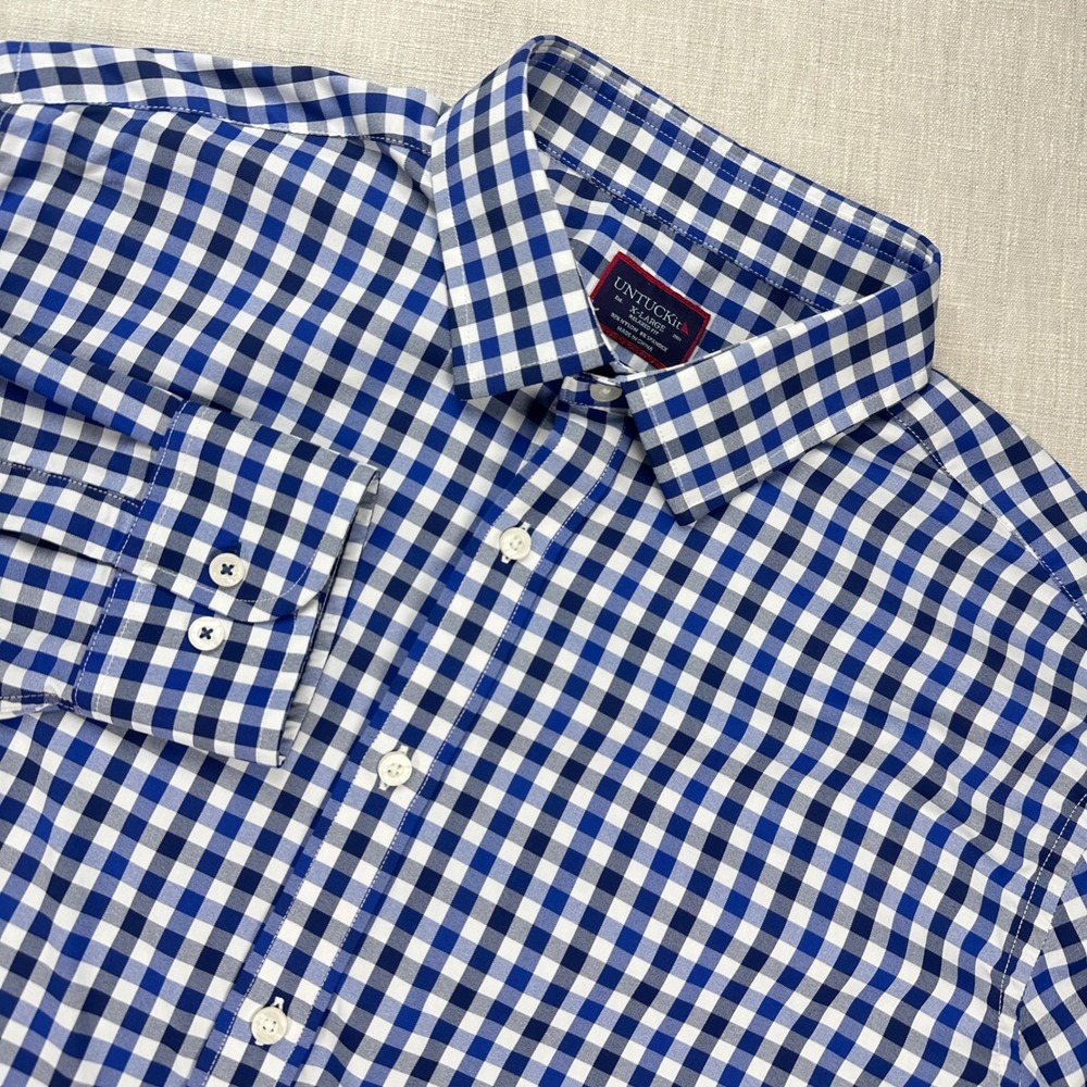 UNTUCKit Warren XL Relaxed Fit Button-Up Mens Blue White Gingham Check Stretch